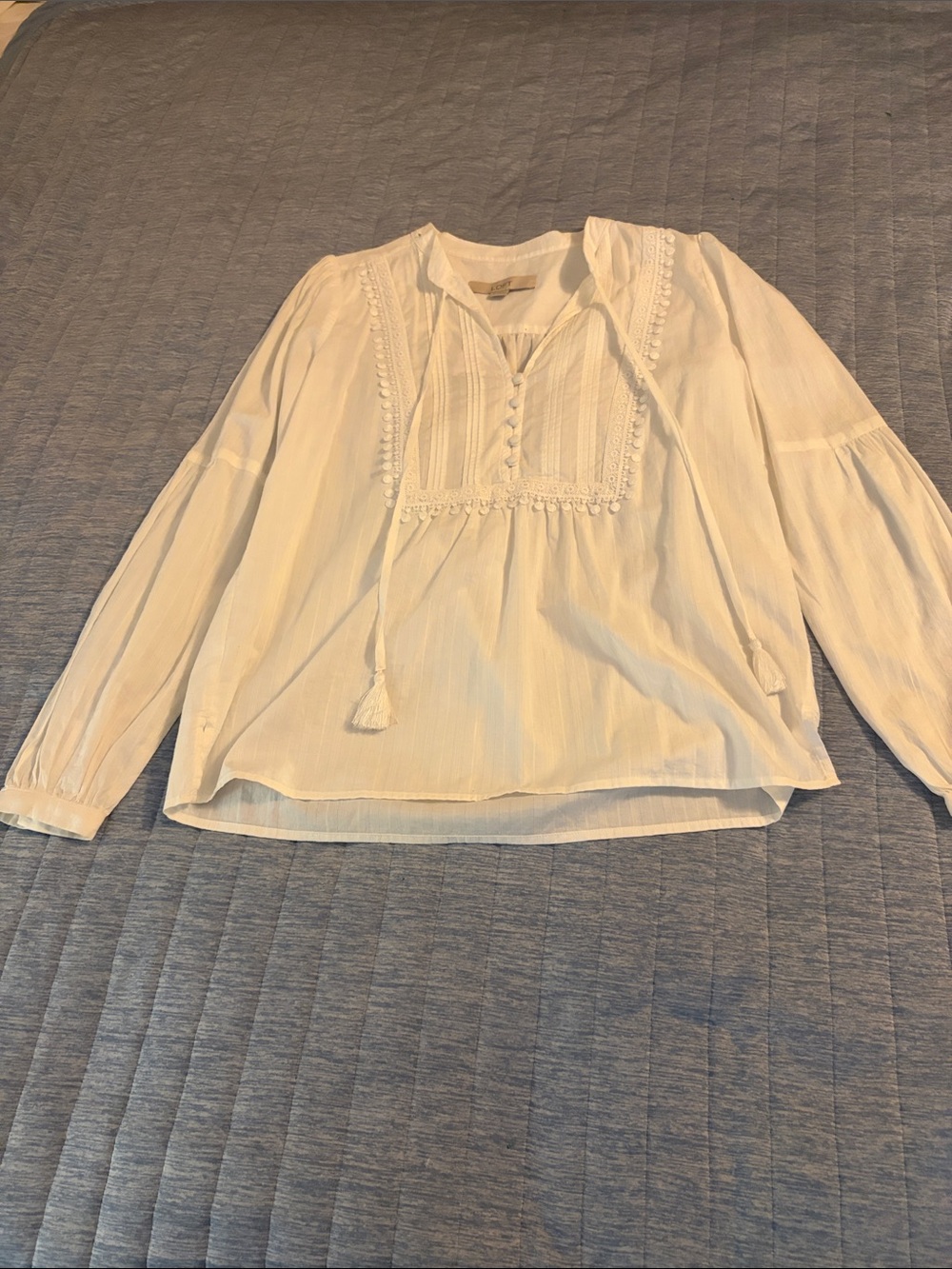LOFT Cream Peasant Tie-Neck Tunic Blouse